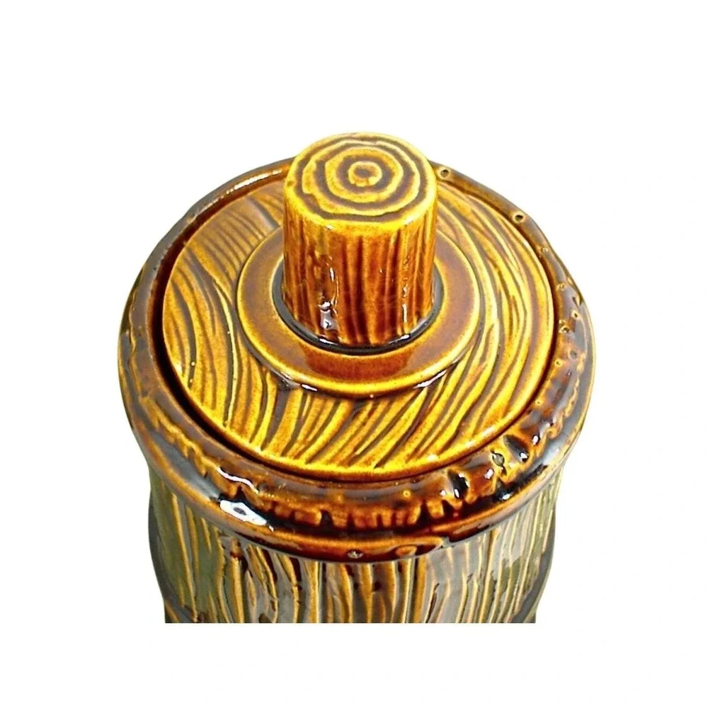 Lane Ceramics USA‎ Vtg Brown Faux Wood Grain Barrel Canister Jar Lid Farmhouse